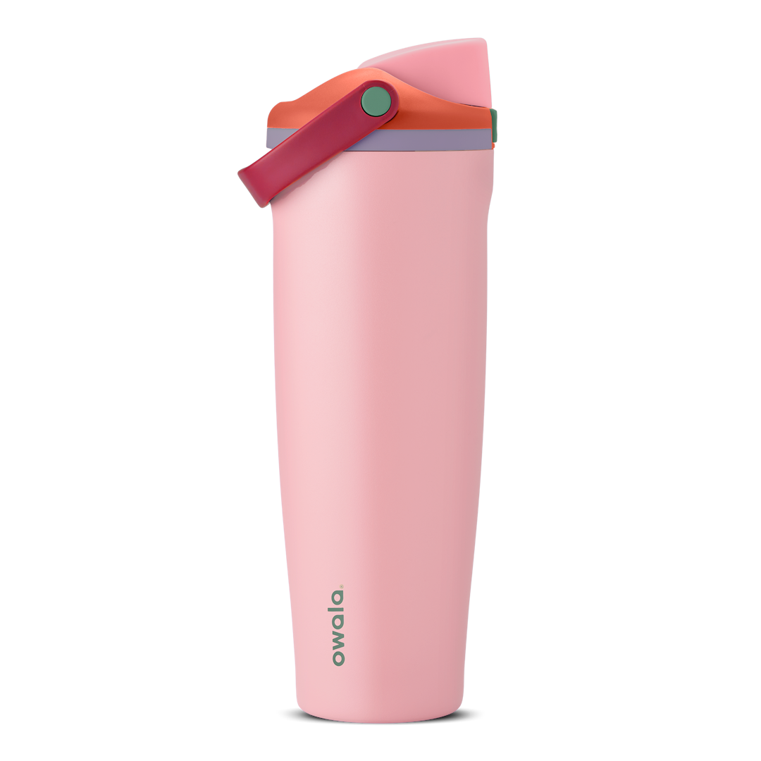 Tall, slim, light pink water bottle with a coral pink flip-top lid and maroon handle, accented by a lavender band near the top.